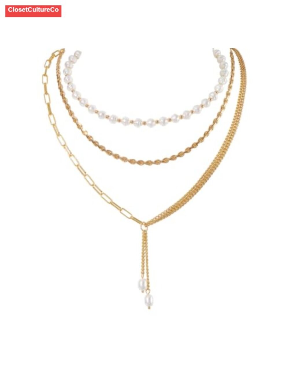 Gold Chain Pearl Layered Necklace with Tassel Charm